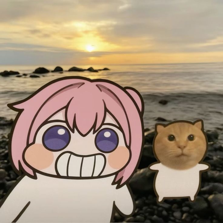 Pink-haired chibi girl beside her cat at the seaside